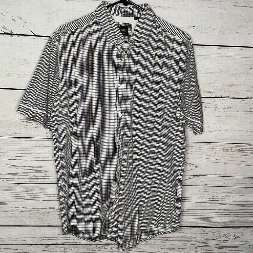 Hugo Boss Slim Fit Purple/Green Check Short Sleeve Button Up Shirt Men L China